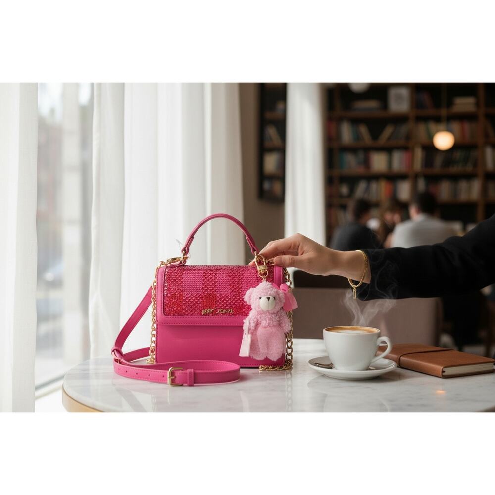 Betsey Johnson XOMYLO 2 Teddy Bear Charm Crossbody Bag Pink Sequin NWT - Picture 3 of 14